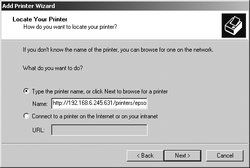 Specifying a URL in the Windows 2000 Add Remote Printer dialog