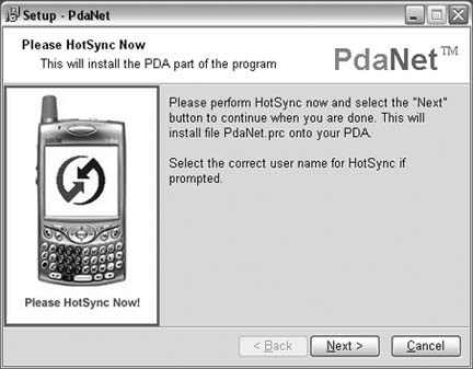 PdaNet’s installer, queuing up a PRC to install onto your Treo