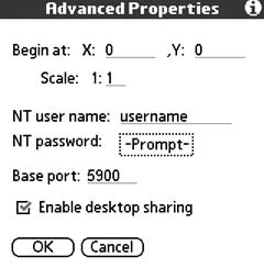 Advanced connection properties in PalmVNC