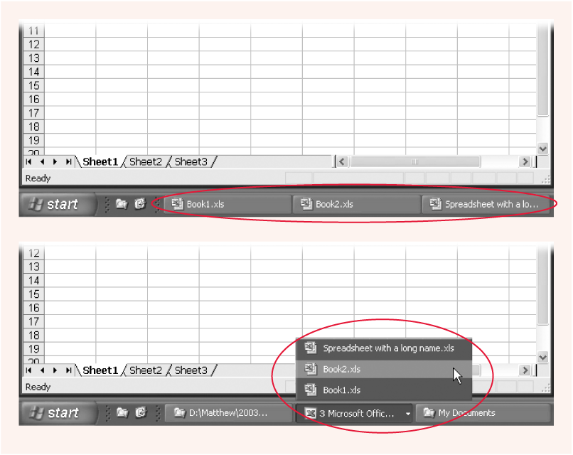 Top: When you have multiple spreadsheets open at the same time, you can easily move from one to the other by clicking their file names in the taskbar (at the bottom of the screen).Bottom: In Windows XP, similar taskbar buttons sometimes get bunched into groups.