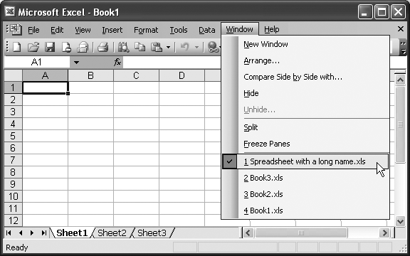 When you have multiple spreadsheets open at the same time (even ones with long names), you can easily move from one to the other using the Window menu in Excel.