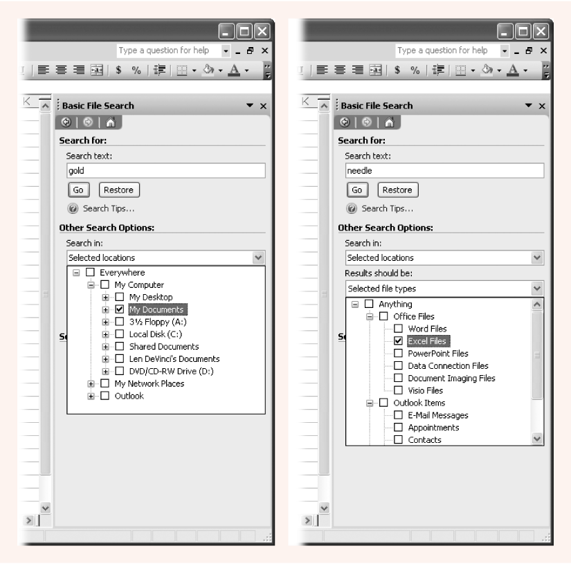 Left: In all searches, you need to tell Excel where you want to search and what type of files you want to find. In this example, Excel will examine the My Documents folder.Right: The file type list lets you specify what kinds of files you're looking for. This search will only find Excel files.