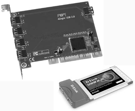 Just because your computer didn’t come with USB 2.0 doesn’t mean you have to put up with agonizingly long waits to copy music, photos, and videos over to your iPod. With inexpensive expansion hardware—like this USB 2.0 card from Sonnet Technologies (top) for a desktop computer’s internal PCI slot, or DLink’s USB 2.0 Cardbus card for laptops (bottom)—you can give your older computer a taste of the newer USB technology for less than $50.