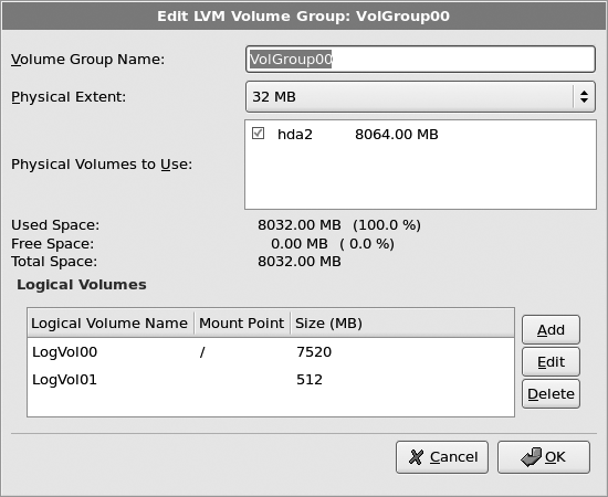 Edit LVM Volume Group window