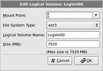 Edit Logical Volume window for the root LV