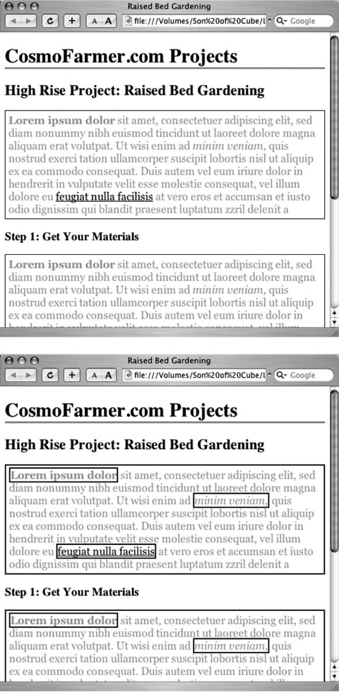 Fortunately, not all properties are inherited. The border applied to the paragraphs at top isn't inherited by the tags inside those paragraphs. If they were, you'd end up with an unattractive mess of boxes within boxes within boxes (bottom).