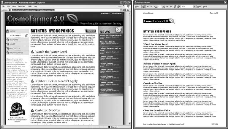 When printing a Web page, you really don't need navigation links or information that's not related to the topic at hand. With a printer style sheet, you can eliminate sidebars, navigation bars, and other content designed for Web browsing (left). The result is a simply formatted document—perfect for printing (right).