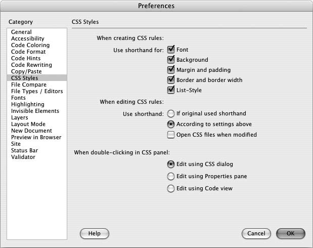 Some CSS properties can be condensed into a shorthand version. For example, the values for the background image, background-repeat, background-color, and background-position properties can be combined using the background property like this: background: #FFF url(images/bg.gif) norepeat left top;. Normally, Dreamweaver creates a style using each individual property name, rather than the shorthand version. You can change that from the CSS Style category of the Preferences window (choose Edit → Preferences in Windows or Dreamweaver → Preferences on the Mac).