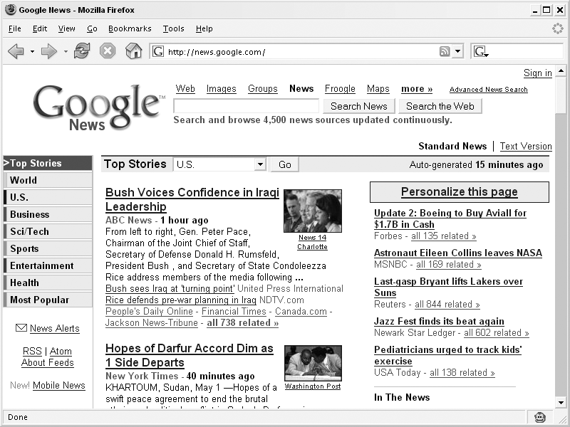 The Google News front page