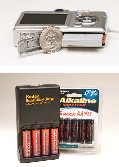 Top: Many digital cameras come with special, proprietary batteries. They’re not very big—and neither is their capacity. Invest in a spare. (Quarter not included.)Bottom: If you find a digicam that accepts AA batteries, use alkalines (right) only for emergency. In the long run, you’re better off investing in a couple sets of NiMH rechargeables (left).You generally won’t find NiMHs in department stores, but they’re available in national drugstore chains, and they’re easy to find online (for example, www.buy.com). A charger and a set of four NiMH AAs cost about $30.