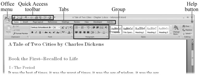 That big round button in the upper-left corner is the Office button, where you find the commands that used to live in the File menu. When you click one of the tabs along the top of the ribbon, you see buttons and drop-down menus arranged by task. You can customize the Quick Access toolbar by adding the commands you use most frequently. The Help button—a circle with a question mark—is always available in the upper-right corner of the main window and the dialog boxes.