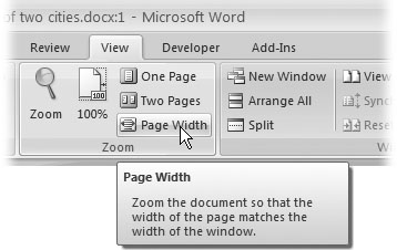 In this book, arrow notations help to simplify Word’s ribbonstructure and commands. For example, “Choose View → Zoom → Page Width” is a more compact way of saying: “Click the View tab, and then go to the Zoom group and click Page Width,” as shownhere.