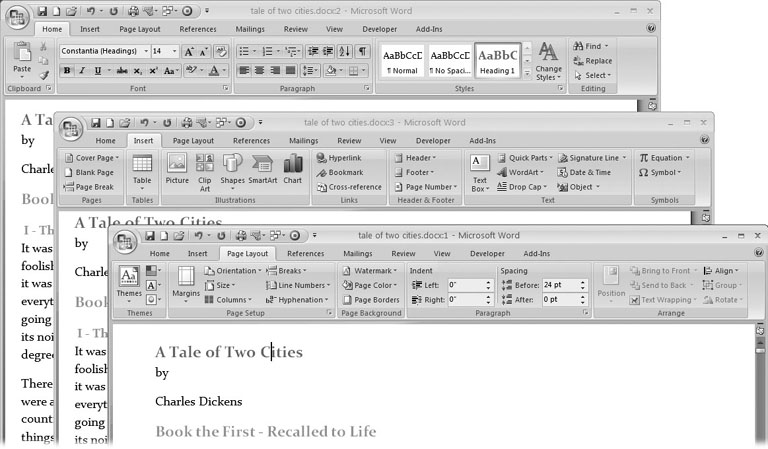 The tools on the ribbon change when you click different tabs. From top to bottom, these examples show the Home tab, the Insert tab, and the Page Layout tab.