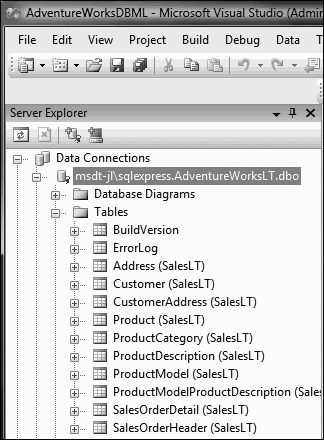 Checking the AdventureWorksLT connection in the Server Explorer