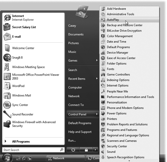 In this book, arrow notations help to simplify folder and menu instructions. For example, “Choose Start→Control Panel→AutoPlay” is a more compact way of saying, “Click the Start button. When the Start menu opens, point to Control Panel; without clicking, now slide to the right onto AutoPlay,” as shown here.