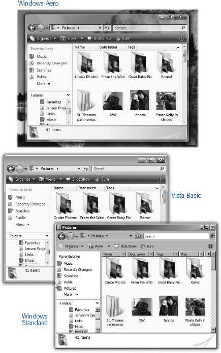 Most people with fast enough computers use the Aero Glass look. But your computer may look different, especially if you’ve deliberately turned on one of the other styles.Your choices are: Vista Basic (middle), which looks a lot like Aero—the window edges are still rounded, but the window edges aren’t transparent. You lose taskbar thumbnails (Section 3.9.2) and Flip 3D, too (Section 3.8). With Windows Standard (bottom) and the slightly darker Windows Classic, you lose all semblance of 3-D window elements; windows have sharp, square corners, and the Start menu is solidly gray. You’re in a weird cross between Windows Vista and Windows Me.