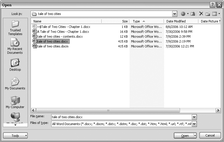 This Open dialog box shows the contents of the tale of two cities folder, according to the “Look in” box at the top. As you can see in the “File name box” at the bottom of the window, the file tale of two cities.docx is selected, a. By clicking Open, Mr. Dickens is ready to go to work.