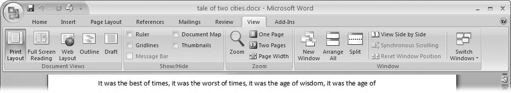 The View tab is your document-viewing control center. Look closely, and you see it’s divided into four groups with names at the bottom of the ribbon: Document Views, Show/Hide, Zoom, and Window. To apply a view command, just click the button or label.