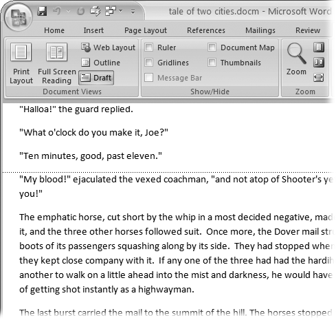 In Draft view, you see most text and paragraph formatting, but headers, footers, and other distracting page formatting features are hidden. Your text appears as a continuous scroll, with the margins hidden. Page breaks appear as dotted lines.