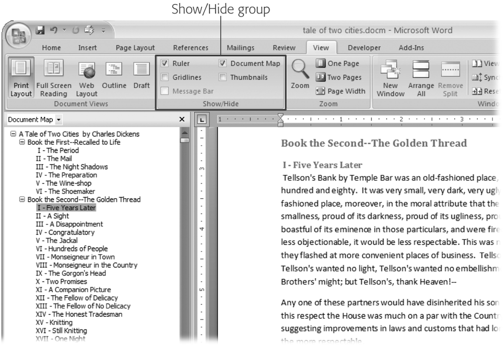 Use the Show/Hide group on the View tab to display or conceal Word tools. The Ruler gives you a quick and easy way to set tabs and margins. The Document Map is particularly helpful when you work with longer documents because it displays headings in the bar on the left of the screen. In the left pane, you can see that Mr. Dickens wrote more than his fair share of chapters.