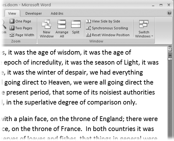 In the Window group, the three commands—New Window, Arrange All, and Split—let you open and view your work from multiple vantage points. The commands View Side by Side, Synchronous Scrolling, and Reset Window Position are helpful when reviewing and comparing documents. The big Switch Windows button lets you hop from one document to another.