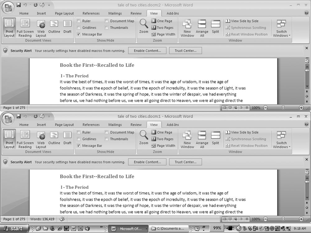 One downside of Office 2007’s ribbon: It takes up more space on your computer’s screen than menus or even the older button bars. When you open a couple of windows, you’re not left with much space to do your work, especially when you’re working on an ultra-portable laptop or a computer with a small screen. You can double-click the active tab to hide the ribbon, but in most cases, you’re better off working with a split screen, as shown in Figure 1-16.