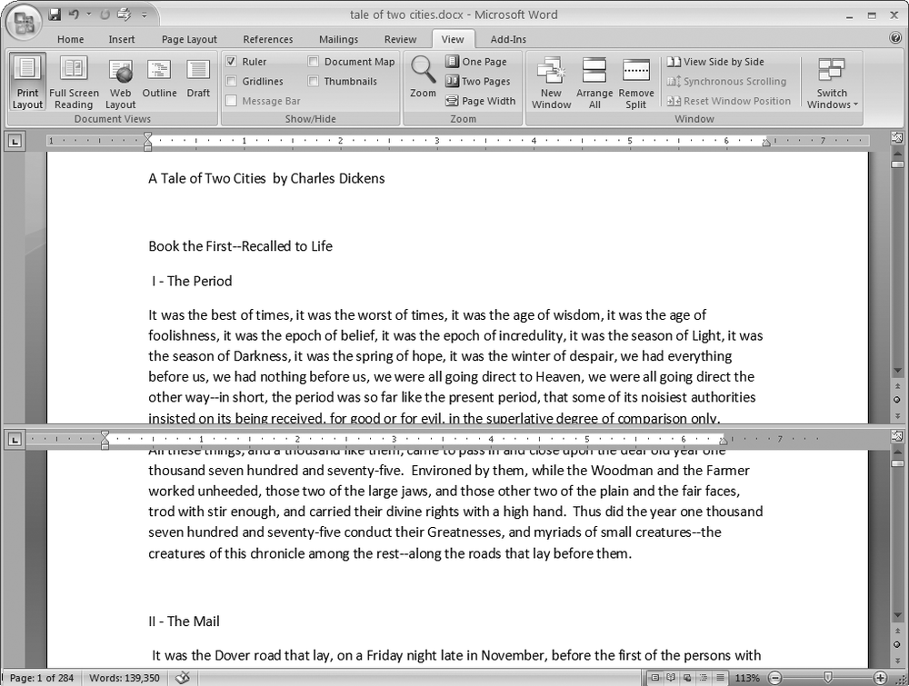 When you’re viewing two different parts of a single document, use the Split command; it leaves you more room to work than two separate windows, as shown in Figure 1-15. Each section of the split window has a scroll bar, so you can independently control different parts of your document. If you want to fine-tune your split, just drag the middle bar exactly where you want it. When you’re done, click Remove Split to return to a single screen view.