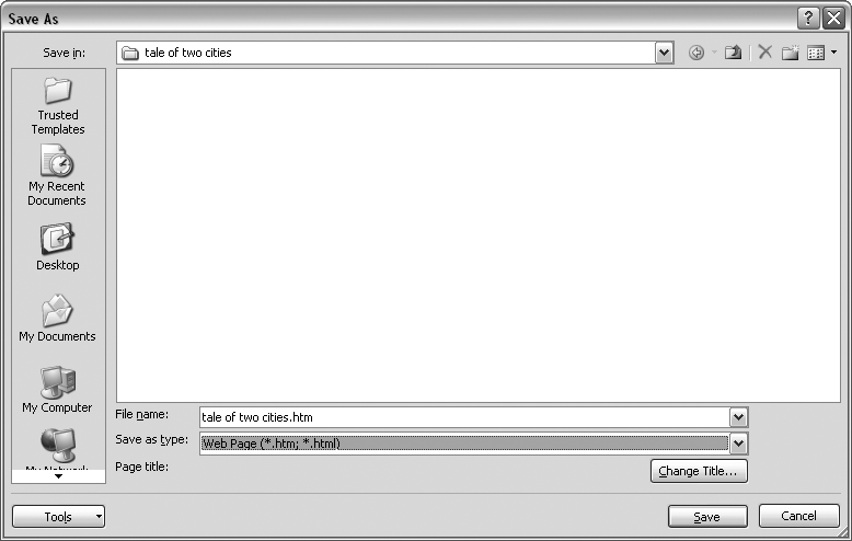 Use Office button → Save As to save your file with a new name or in a different file format. In this example, the Word file tale of two cities is being saved as an HTML type file—a format used for Web pages.