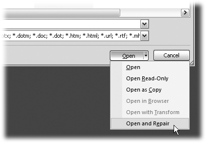 When you can’t open a file with a normal Open command, click the arrow to the right of the Open button, and choose Open and Repair from the drop-down menu. Some parts of your file may still be damaged, but you can usually recover most of your work.