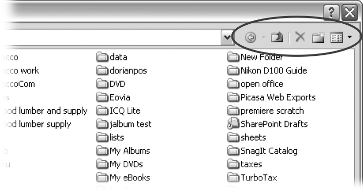 The Save As dialog box has all the controls you need to navigate to any location on your computer—including five nifty buttons in the upper-right corner. From left to right: The left arrow button steps you backward through your past locations (just like the back button in a Web browser). The up arrow takes you out to the folder enclosing the one you’re in now. The X button deletes folders and files—be careful with it. Click the folder with the star in the corner to create a new folder.