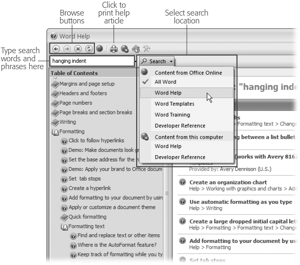 Think of Word Help as a Web browser dedicated to articles about Word. Use the browser buttons in the upper-left corner to move back and forth through the articles you’ve viewed.