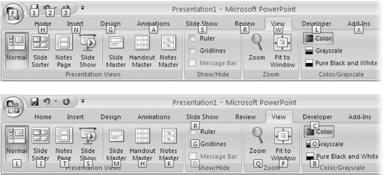 Top: Just as keyboard shortcuts let you "walk" through menus by pressing keys instead of clicking your mouse, keytips let you step through ribbon commands by pressing keys.Bottom: Clicking a ribbon group keytip such as J (Show/Hide) displays keytips for the options associated with that particular group (R for Ruler, G for Gridlines, and so on).