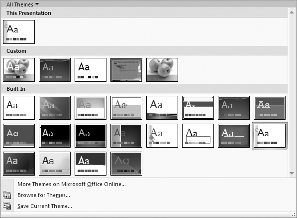 You can find additional themes on the Web and download them into PowerPoint by clicking "More Themes on Microsoft Office Online."