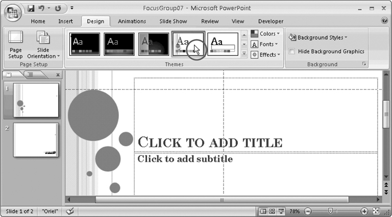 No more clicking Preview or Apply and waiting around: simply mousing over a theme temporarily applies it to your presentation. To apply the theme for good, click the theme to select it. If you change your mind, you can revert back to your presentation's original theme by applying the Office Theme theme.