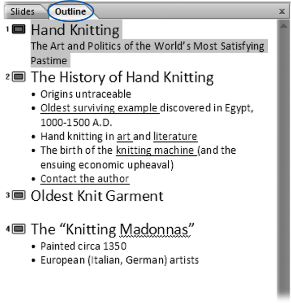 Here's the same presentation in outline form. To banish the View pane altogether, click the X in the upper-right corner. To resize it, simply drag the resize handle on the right side of the pane. (In keeping with its new-and-improved design philosophy, PowerPoint doesn't let you make the View pane larger than one-quarter of the total interface.)