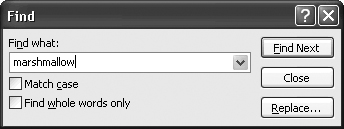 Another way to display this Find box is to head to the Editing section of the Home tab and then click the Find button. Chapter 2 shows you how to use the more advanced Find functions, including Replace, which lets you automatically replace the text you find with different text.