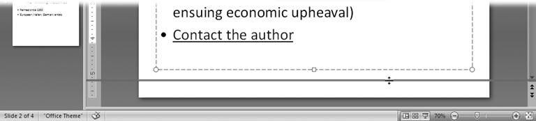 Depending on the view you choose, the Speaker Notes pane doesn't always appear automatically—and it's not obvious that you can drag the resize bar at the bottom of the workspace to display it. Fortunately, you can. The farther you drag, the larger the notes display (and the smaller the slide display).