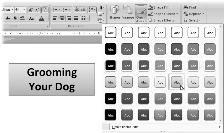 Clicking Home → Drawing → Quick Styles lets you turn an ordinary text box into a 3-D button with the click of a mouse—great for emphasizing headings. For a more subtle effect, choose one of the outline options.