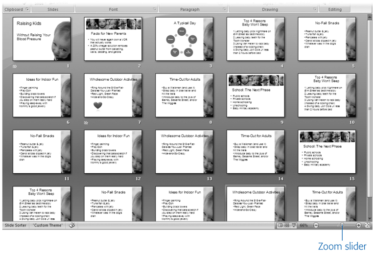 An expanded version of the Slides pane in Slide Sorter view lets you see and work with about 20 slides at once (or more if you zoom out). When you have more than that, scroll bars appear in Slide Sorter view so you can scroll around and see them all.