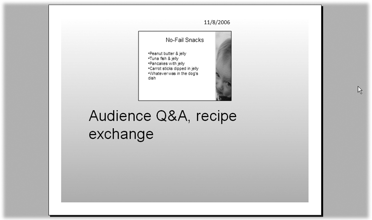 PowerPoint won't automatically print speaker notes attached to hidden slides, so if you've hidden any slides (Section 7.1.2) but still want to see all of your speaker notes, make sure you turn on the radio box next to Print Hidden Slides in the Print dialog box shown in Figure 8-3.