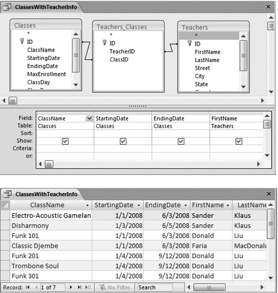 Here's how you define a list of classes that includes the name of the assigned teacher next to each class. The top query shows the design you need, and the bottom figure shows the result.