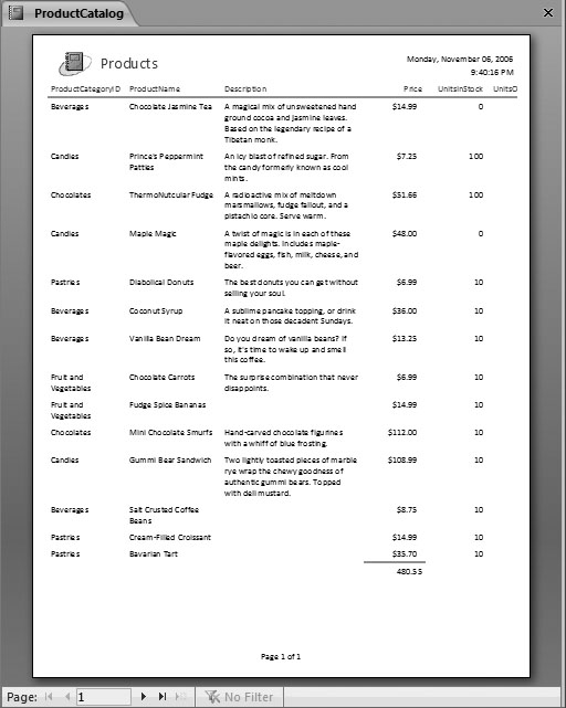 In Print Preview mode, to zoom in, click once with the mouse. Click again to zoom back out to the full page view. You can also use the page navigation buttons at the bottom of the window to move from one page to the next, and the zoom slider (not shown) for more precise zooming. But the most useful commands appear in the ribbon, which lets you tweak the print settings and export your report results to another type of file.