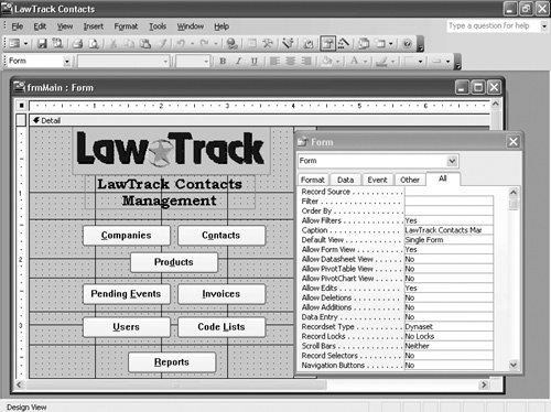 The main switchboard form for the LawTrack Contacts database.