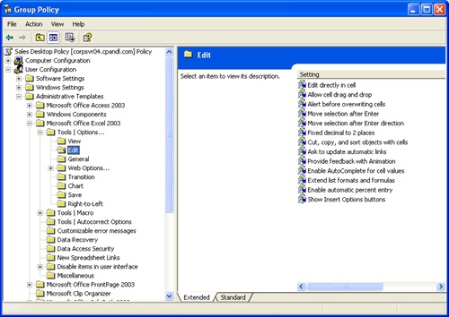 Viewing Excel edit policy options within the Excel administrative template