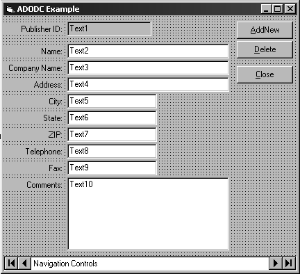 The ADO Data Control Example in Design mode