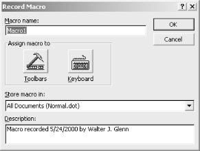 Setting up to record a new macro