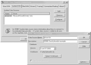 Configuring a DSN for a Microsoft Excel spreadsheet located at C:\php\phonelist.xls