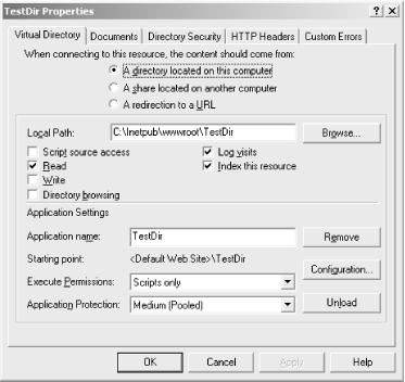 The Virtual Directory Properties page