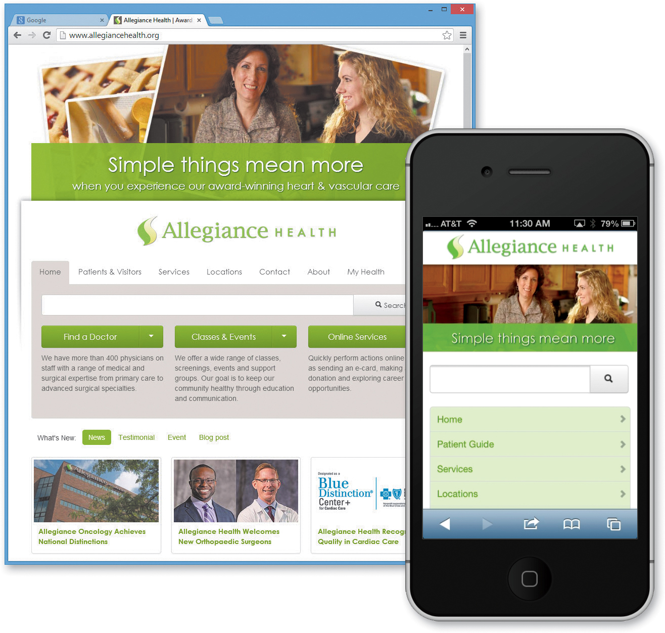 Screenshots of PC version and mobile version of the homepage of a healthcare institute are shown.