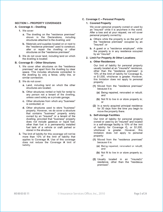 The agreement and definitions of Homeowners 3 special form.